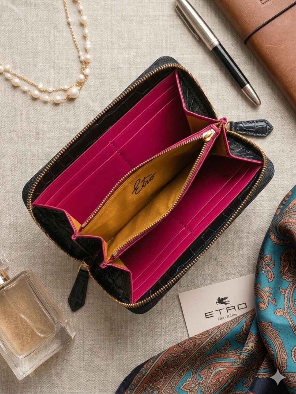 Etro Black Exterior Zip-Around Wallet with Bright Pink Interior